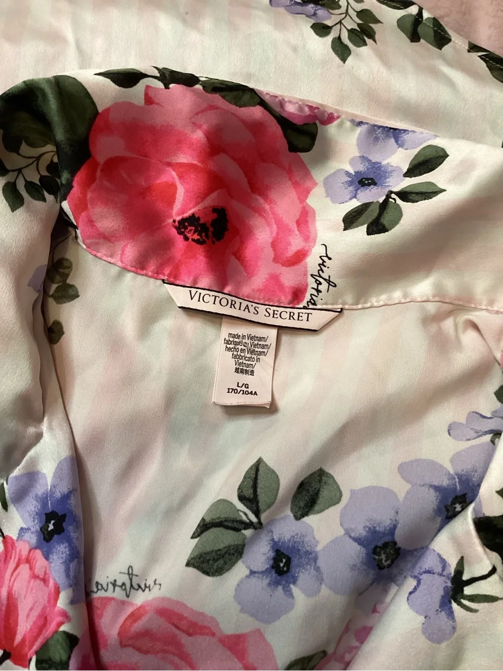 Victoria's Secret White Satin Short Pajama Set with Pink & Purple Floral Print